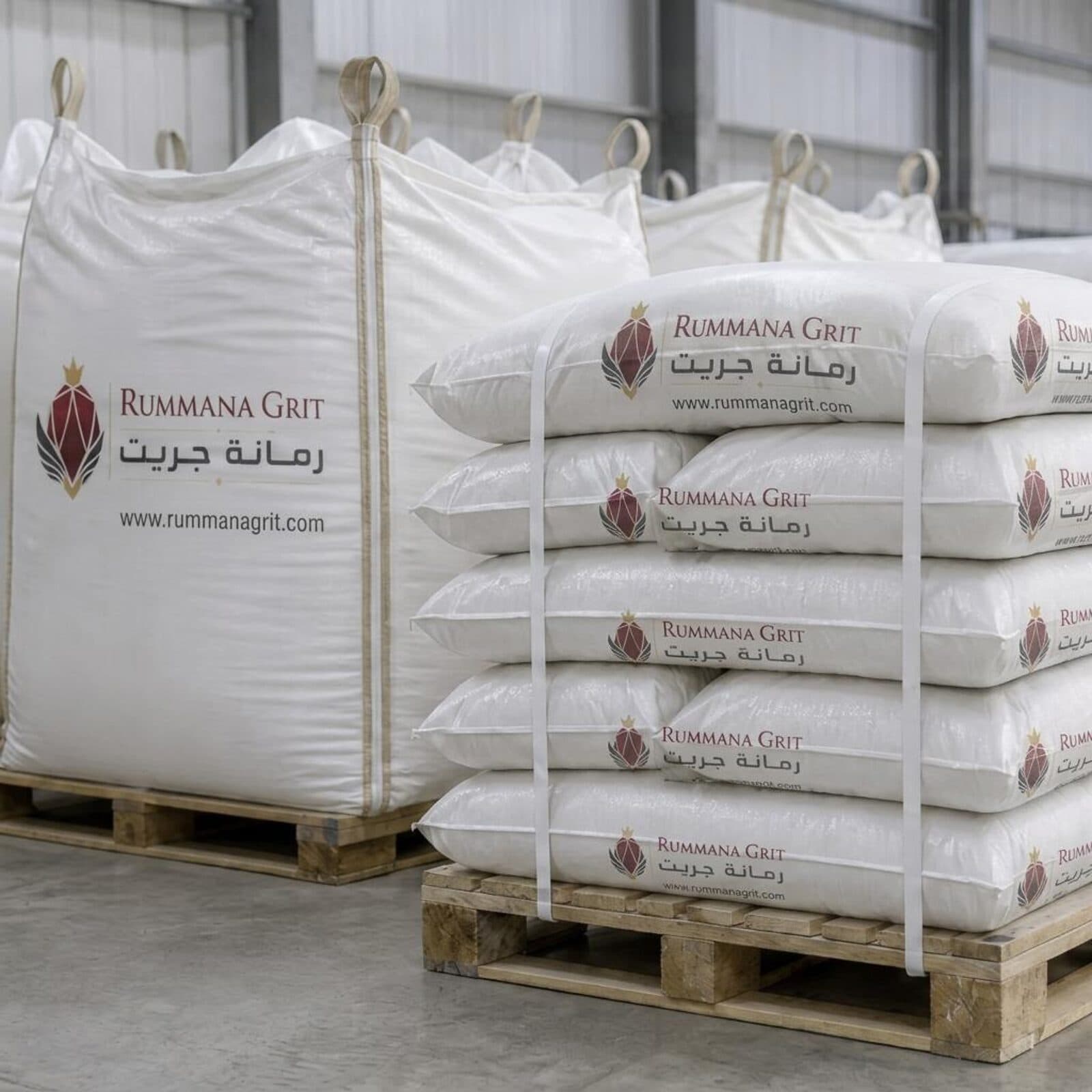 Rummana Garnet jumbo bulk sack and stacked smaller sacks on pallets